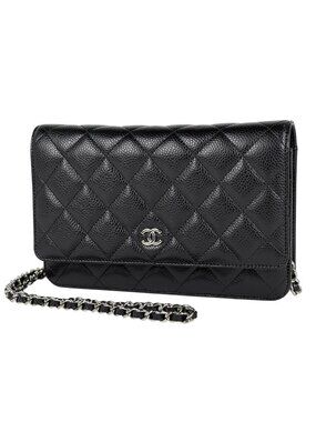 Chanel CC Logo Chain Wallet Quilted Shoulder Bag Caviar Leather Black